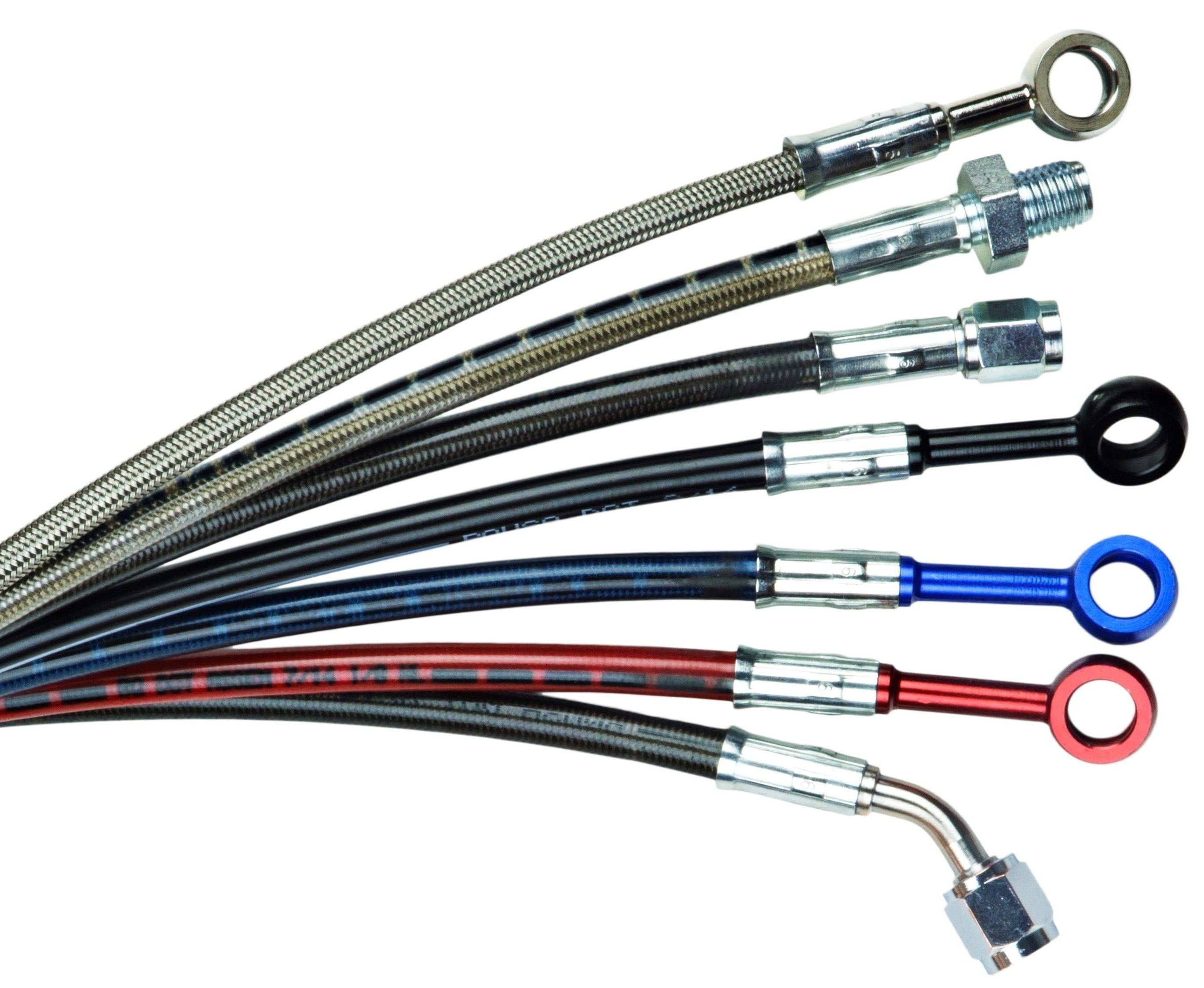 Color-coded steel braided hydraulic and brake line assemblies