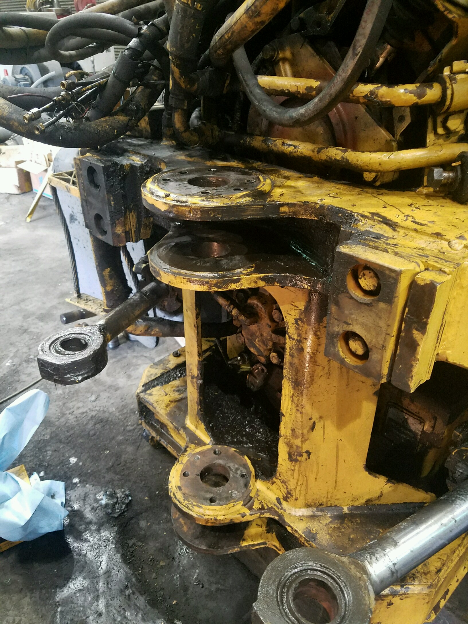 Line boring setup on a piece of heavy equipment